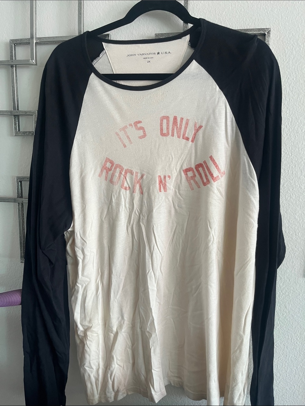 John Varvatos Black & Cream Raglan Tee with Faded Pink Graphic
